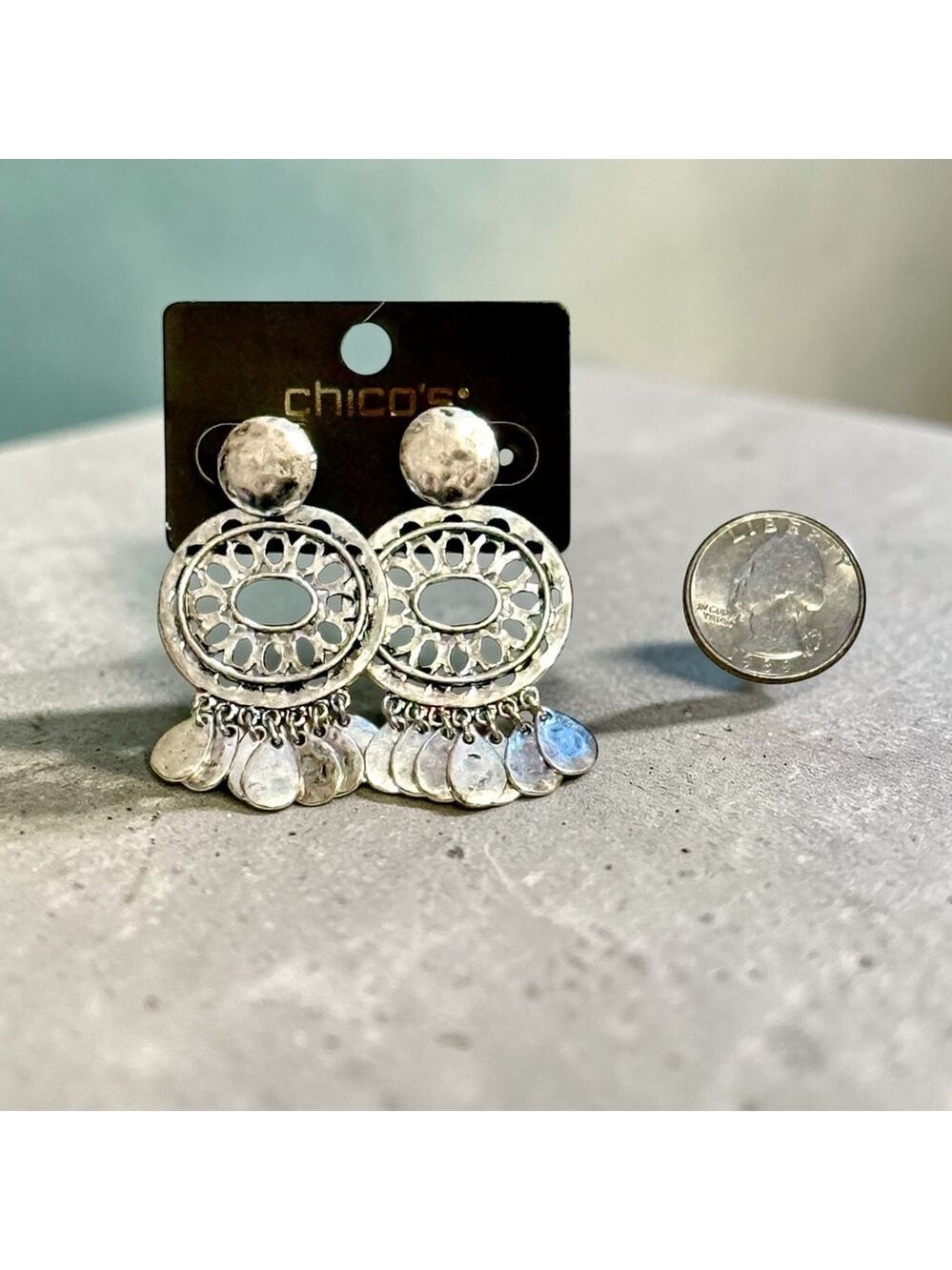 Chico's Silver Filigree Fringe Statement Earrings NWT - Picture 2 of 8